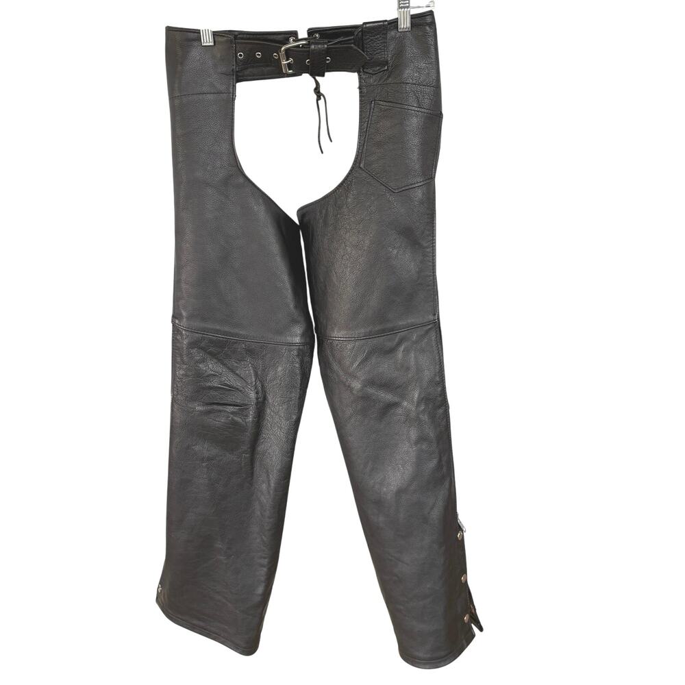 Vintage Black Leather Chaps Zip Lace Up Snap Leg Utility Equestrian Cowboy Ranch
